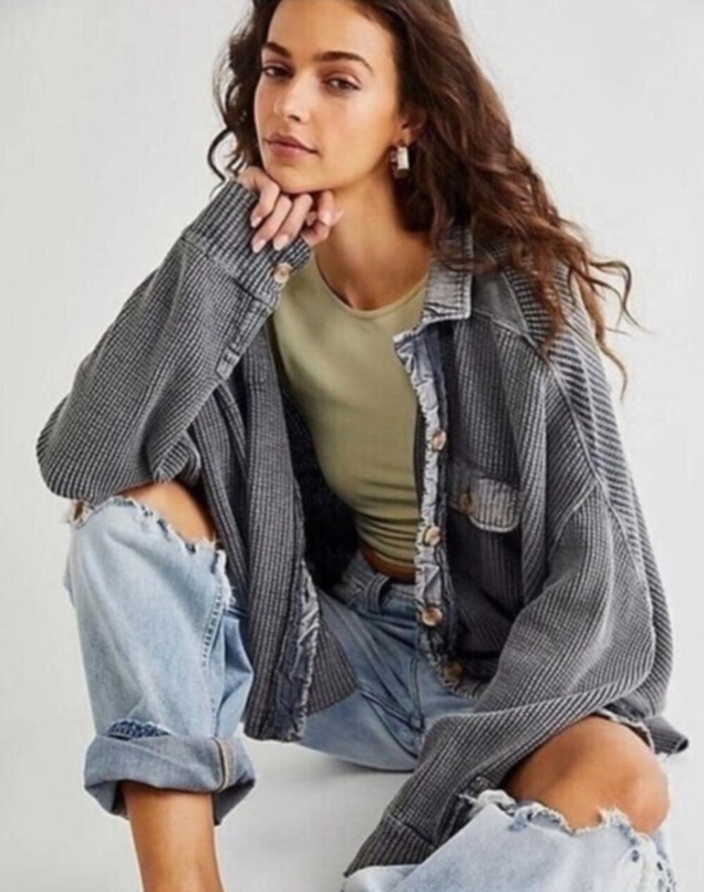 Free People One Scout Jacket Oversized Thermal Sweater Shirt Grey Black Size XS